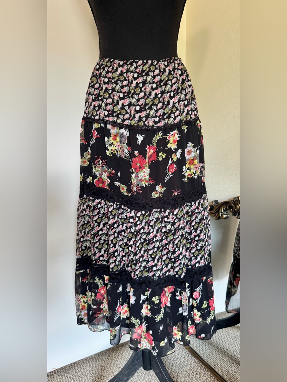 Notations Black Floral Tiered Skirt with Red & Pink Blooms